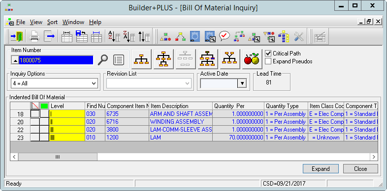 BOM Inquiry with Critical Path